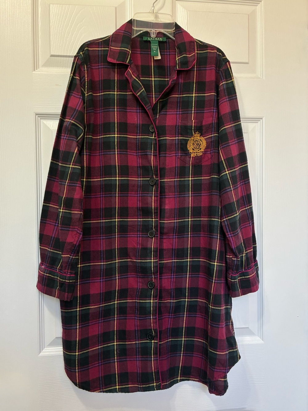 Lauren Ralph Lauren Plaid Sleepshirt Womens Medium Logo Embossed Pocket Button